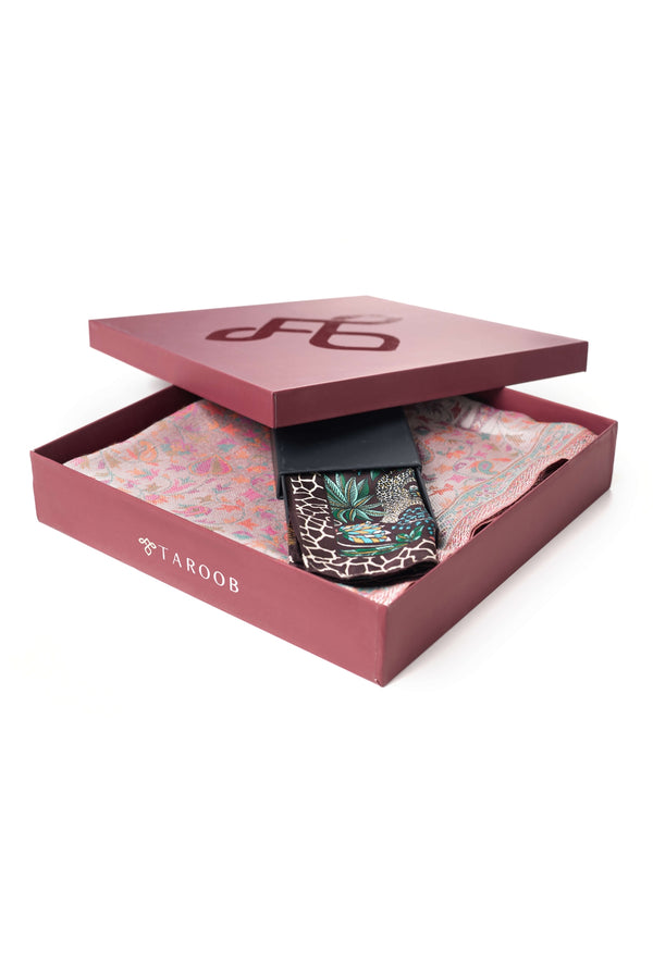 Taroob His & Her Gift Set of Men's Pocket Square & Women's Silk Jamawar Stole