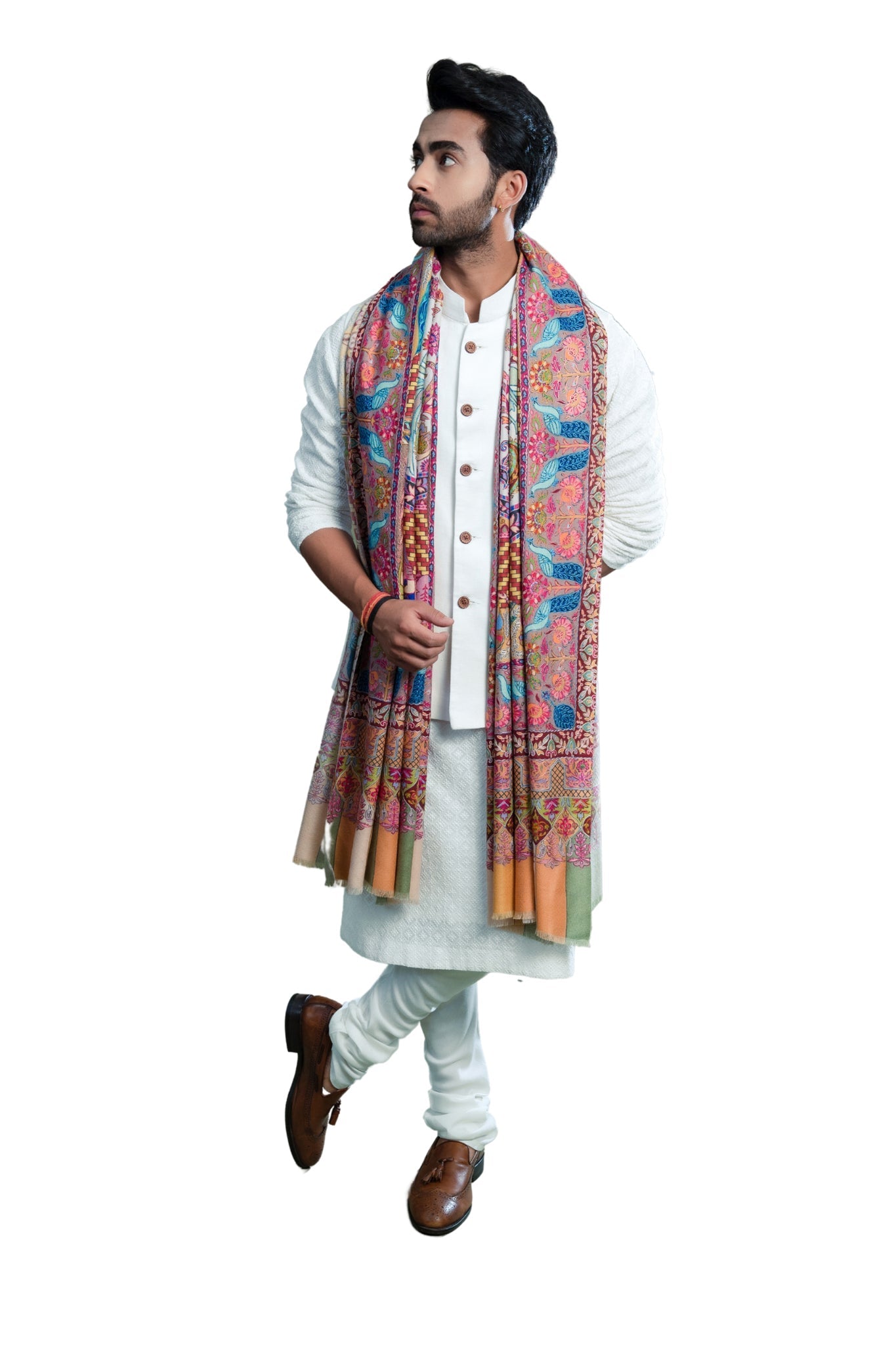 Kashmiri Wool Silk Kalamkari Shawl, Men's Dusala