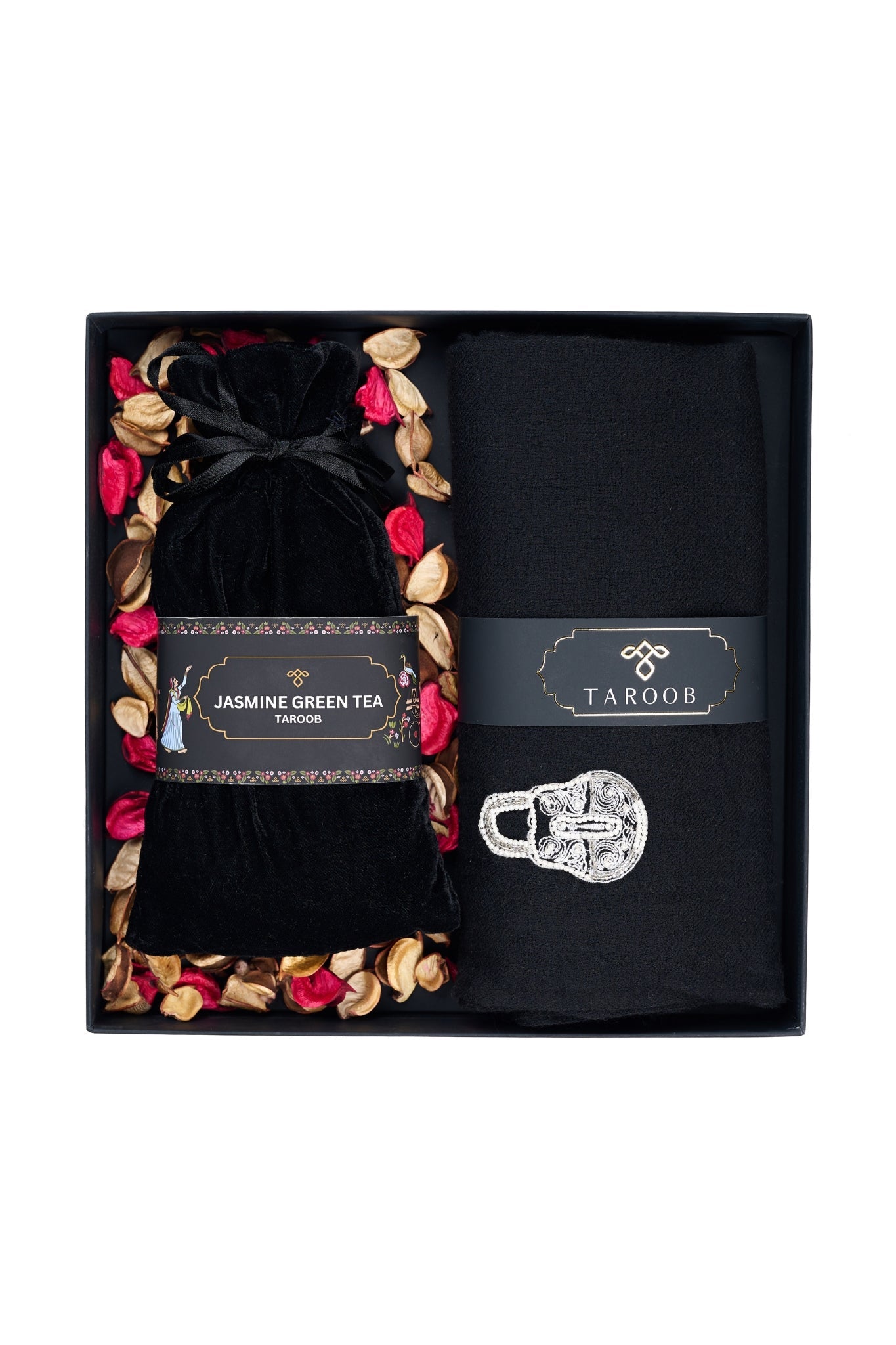 Exclusive Gift Set of Embroidered Stole & Jasmine Green Tea