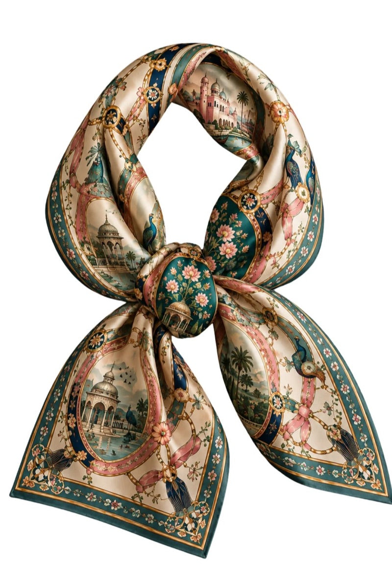 Taroob peacock and palace print silk square