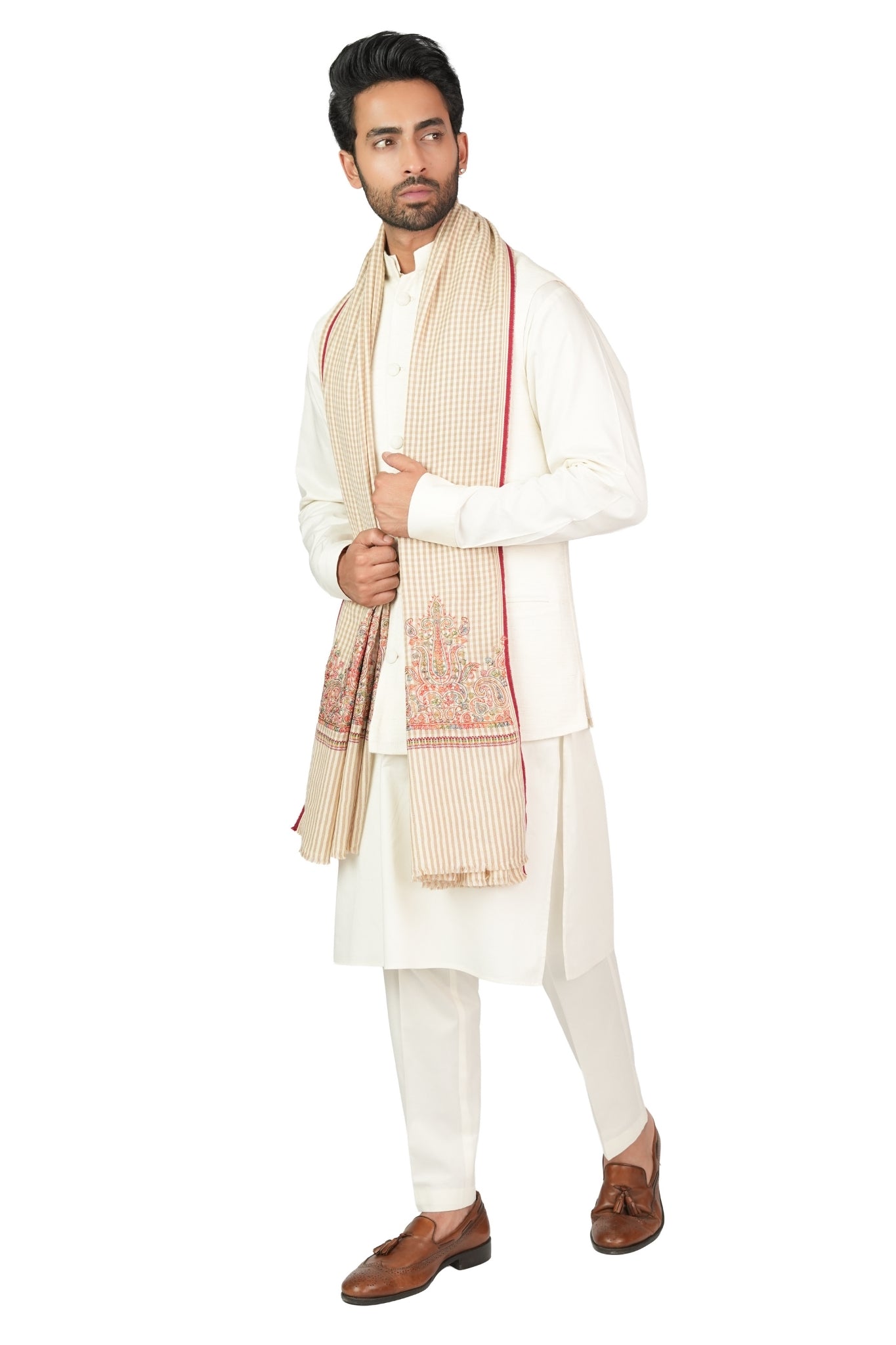 Taroob Embroidered Wool Checkered Shawl