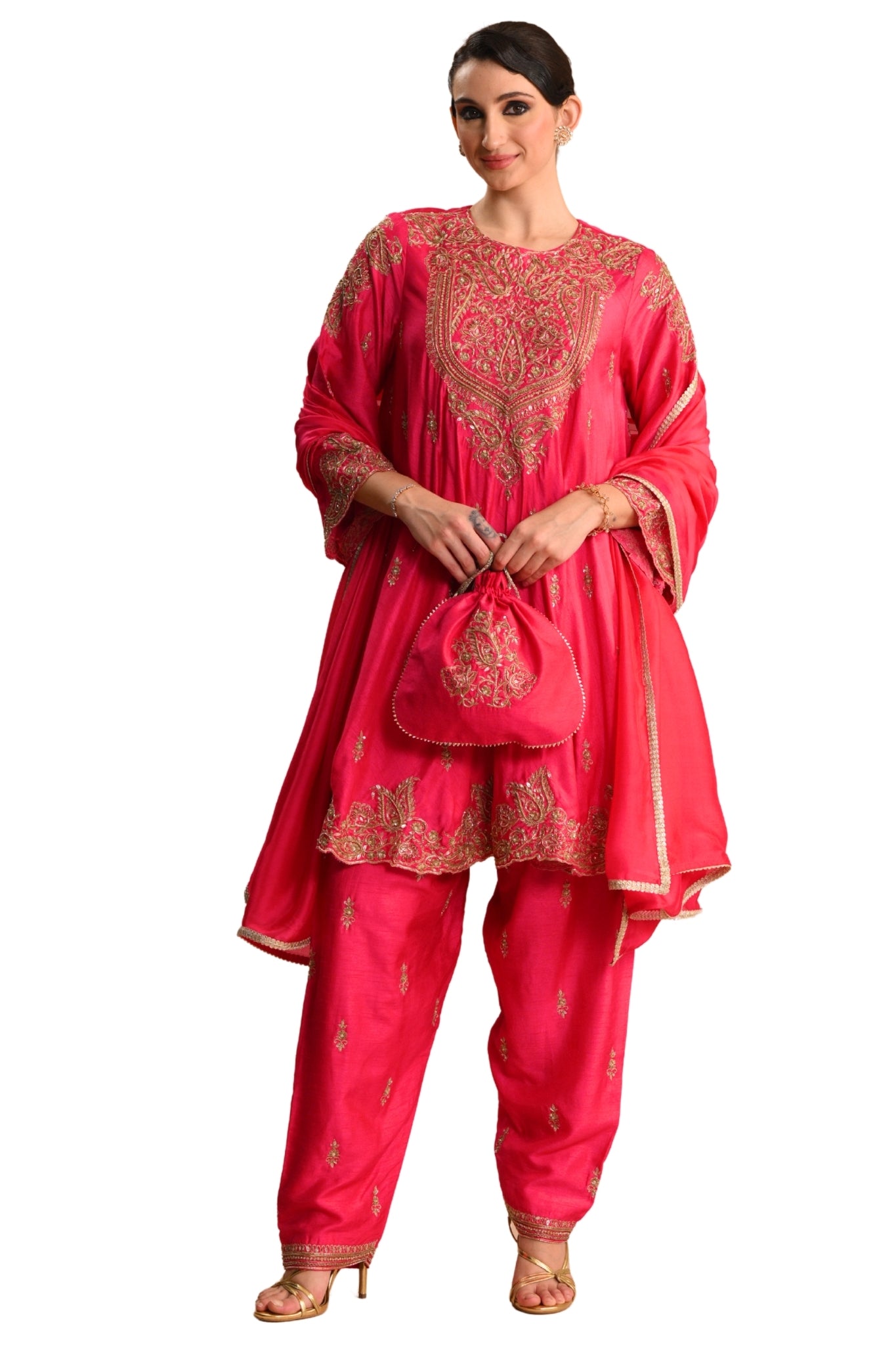 Women's Fuchsia Zarqash Hand Embroidered Kalidar Kurta Set Taroob