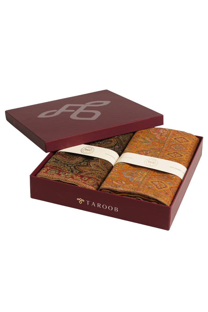 Taroob Gift Set of Faux Pashmina Jamawar Shawl for Her & Silk  Jamawar Stole for Him