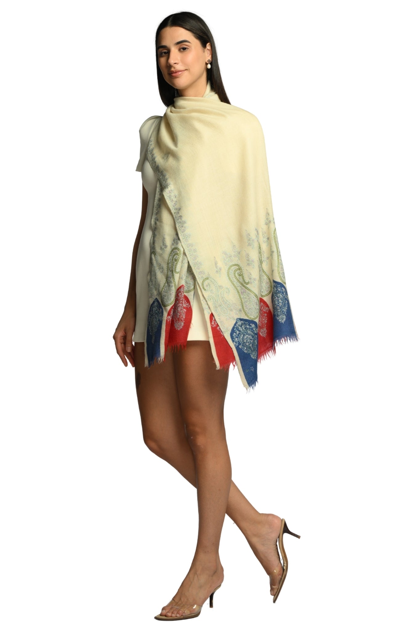 White Embroidered Pashmina Stole Taroob