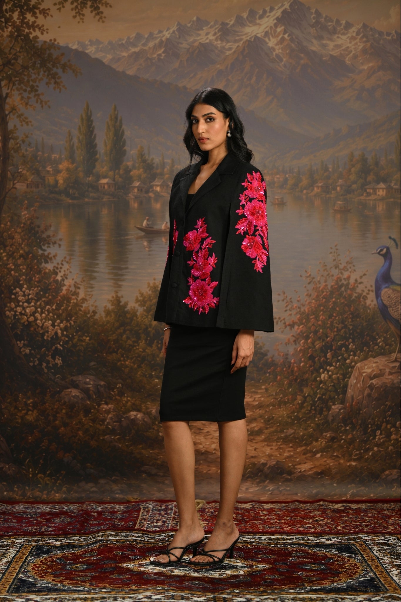 Black Embroidered Floral Tuxedo Cape Taroob