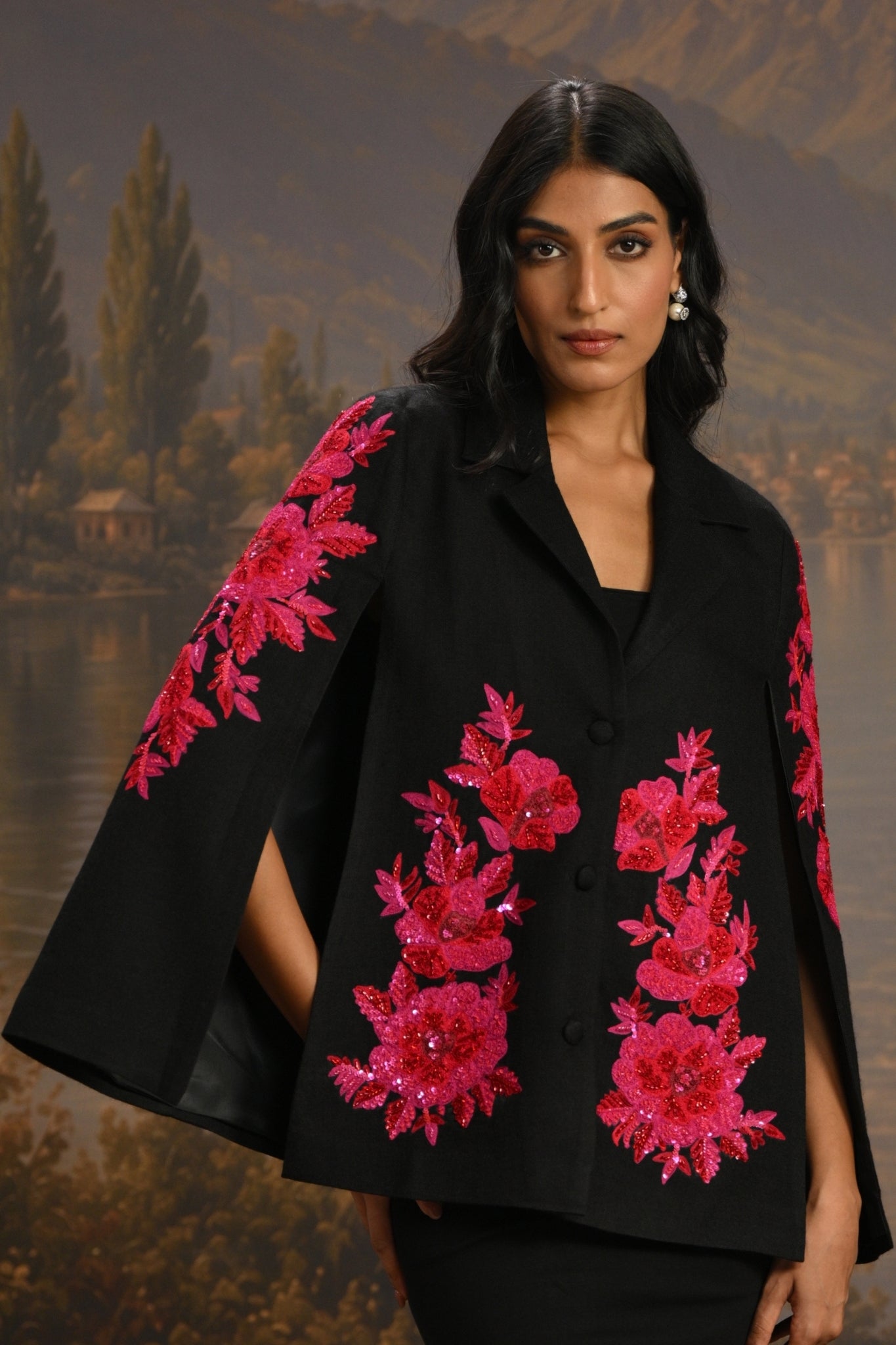 Black Embroidered Floral Tuxedo Cape Taroob