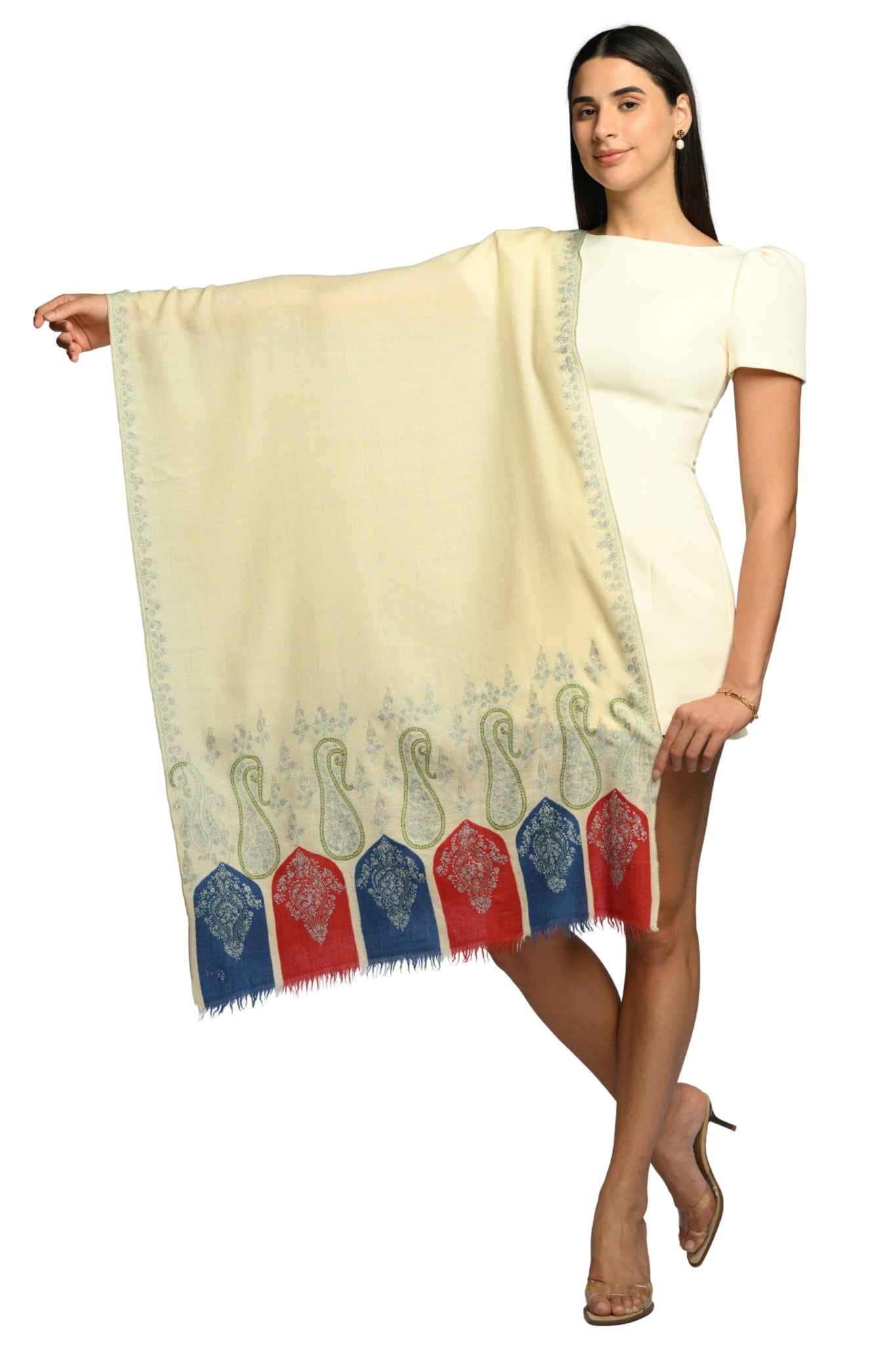 White Embroidered Pashmina Stole Taroob