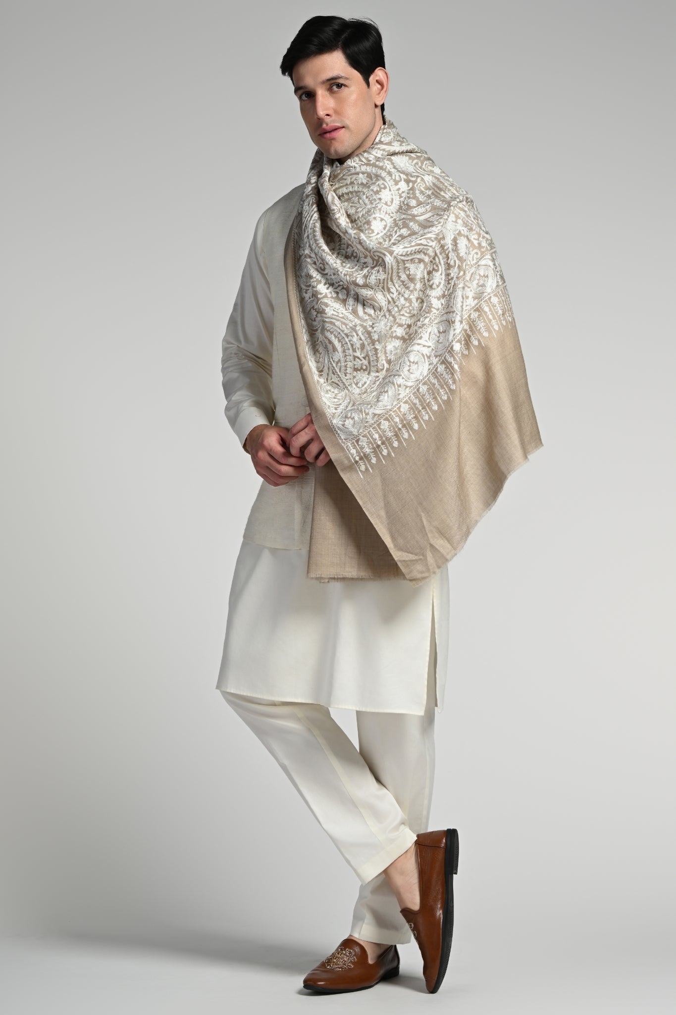 Taroob Tone on Tone Wool Silk Embroidered Stole