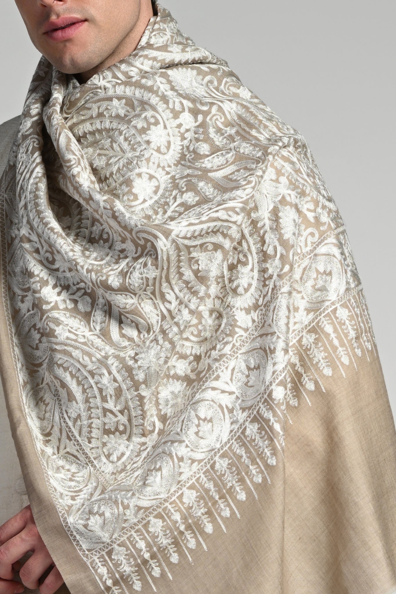 Taroob Tone on Tone Wool Silk Embroidered Stole