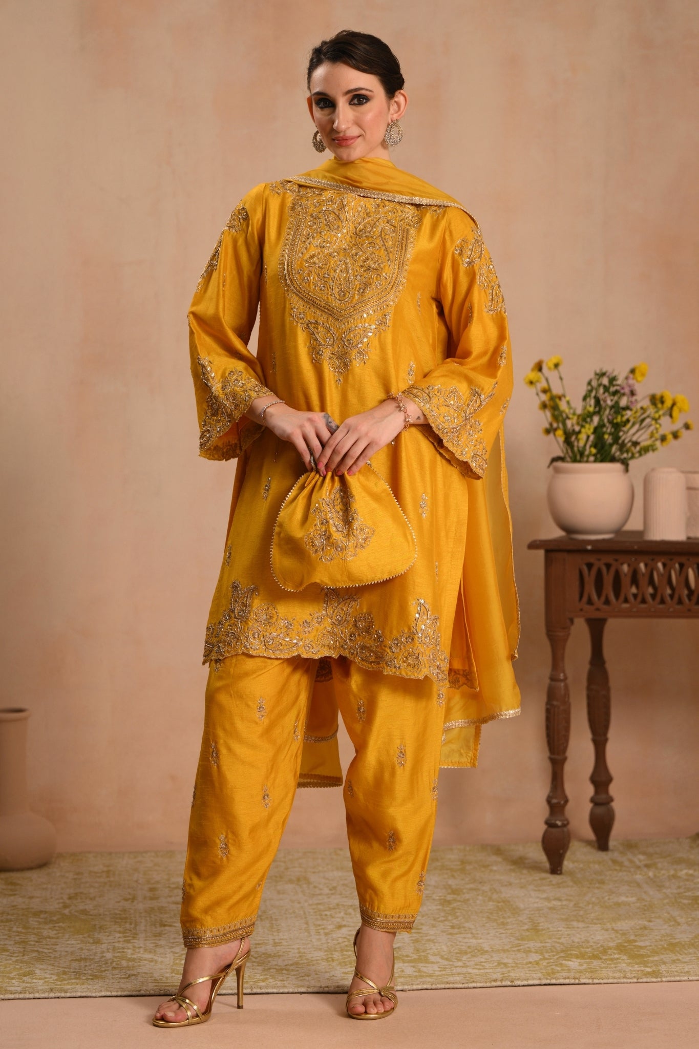 Women's Mustard Zarqash Hand Embroidered Kurta Set Taroob