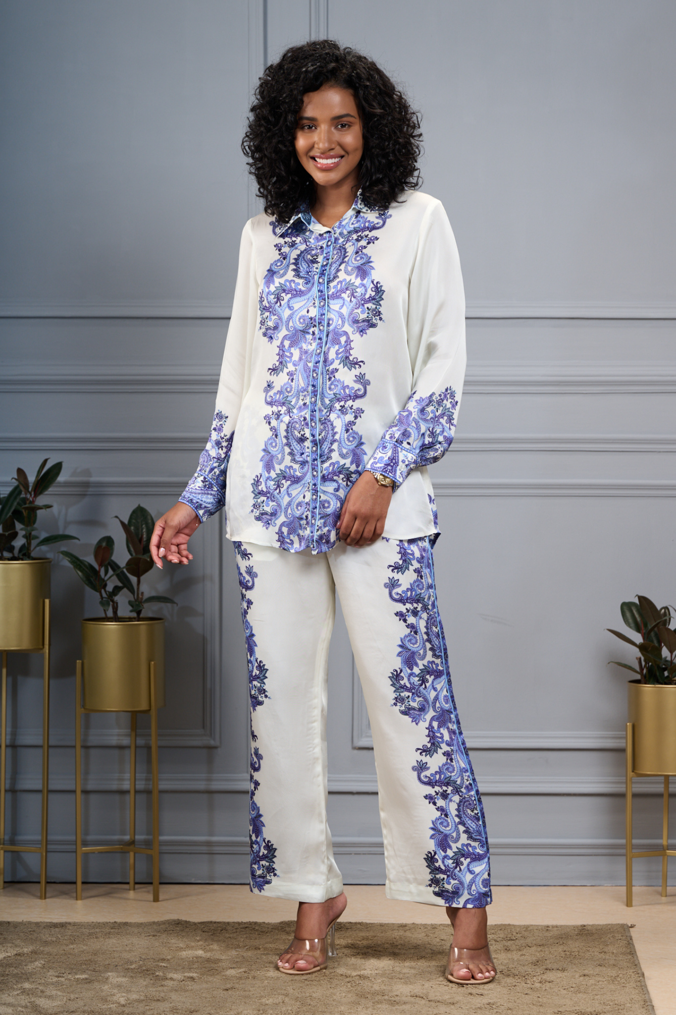 Silk Satin Floral Co-ord Set with Embroidered Highlights – Women's Coords & Shirts – Alternate view | Taroob