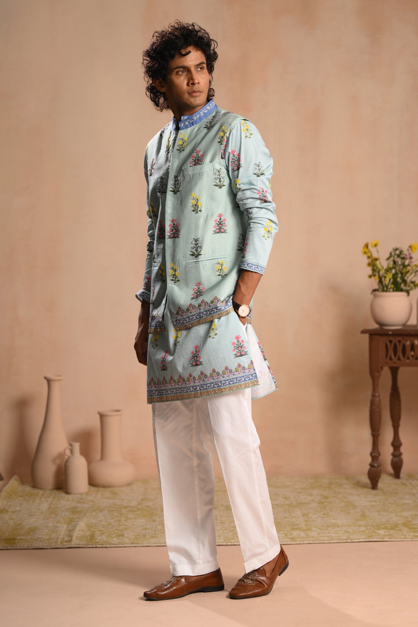 Men's Sky Blue Bagh-e-Noor Embroidered Nehru Jacket Taroob