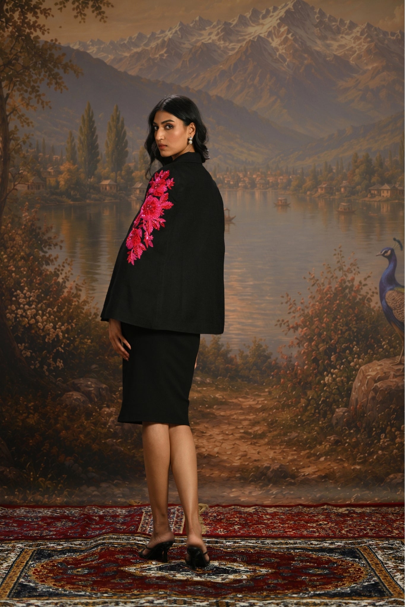 Black Embroidered Floral Tuxedo Cape Taroob