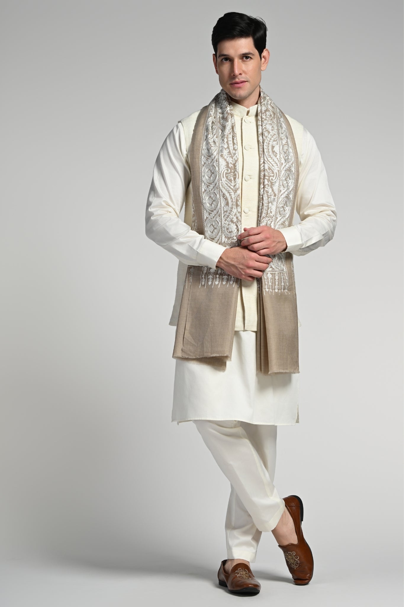 Taroob Tone on Tone Wool Silk Embroidered Stole