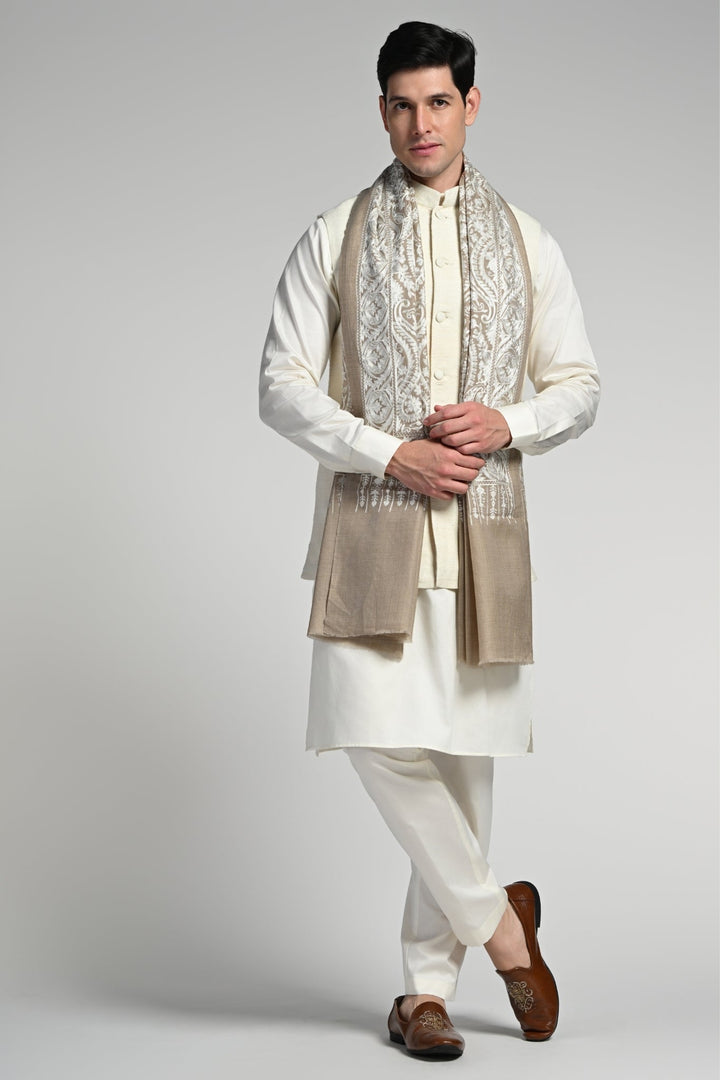 Taroob Tone on Tone Wool Silk Embroidered Stole