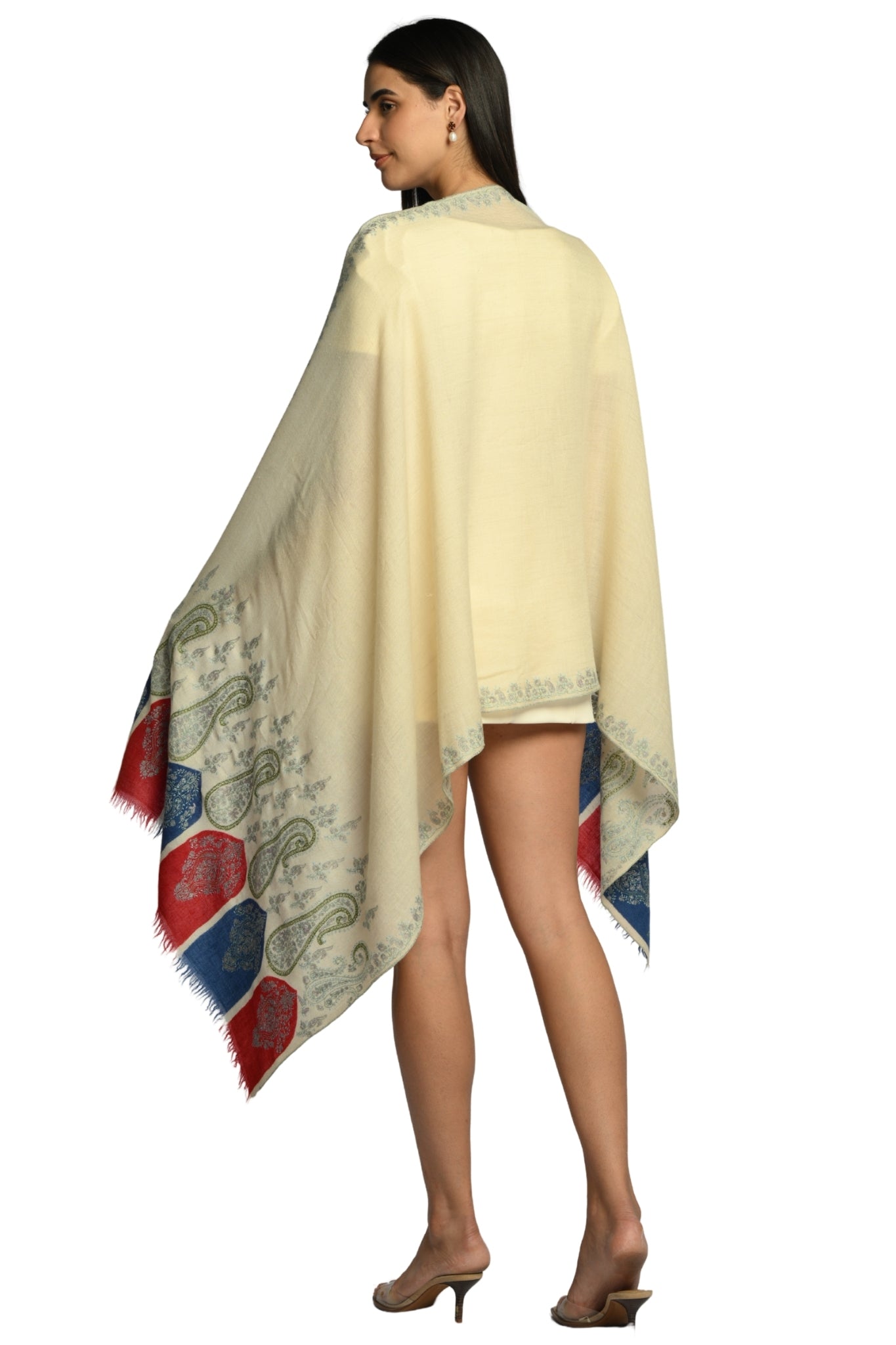 White Embroidered Pashmina Stole Taroob