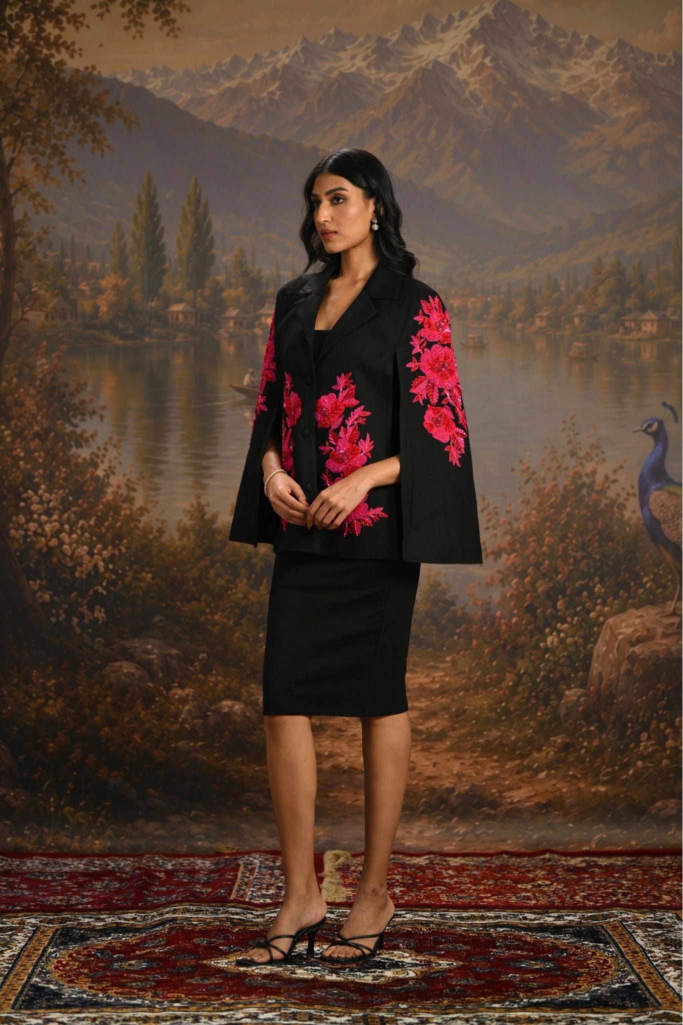 Black Embroidered Floral Tuxedo Cape Taroob