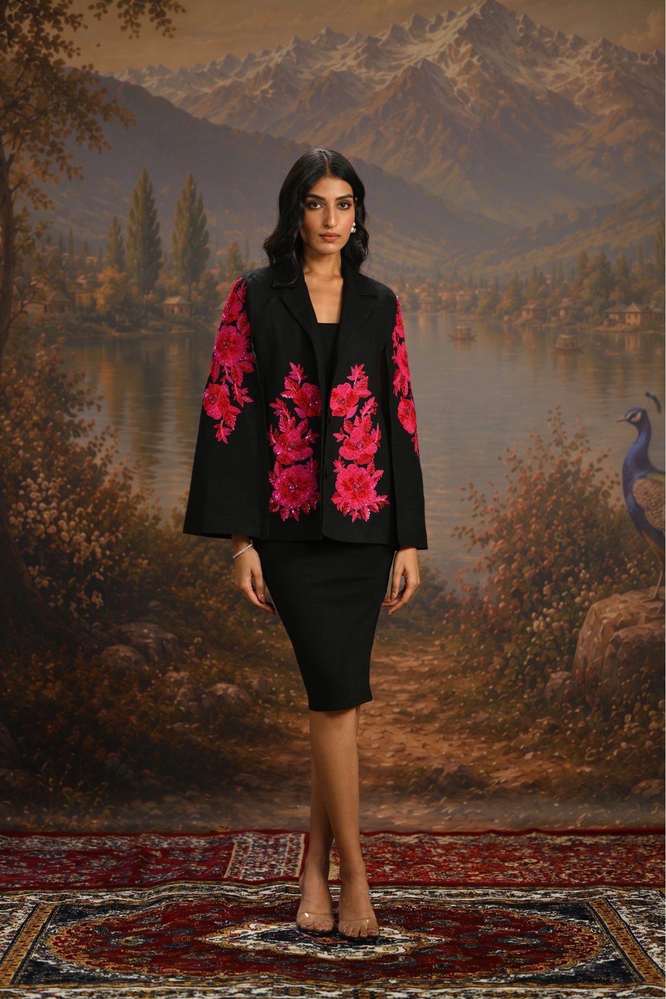 Black Embroidered Floral Tuxedo Cape Taroob