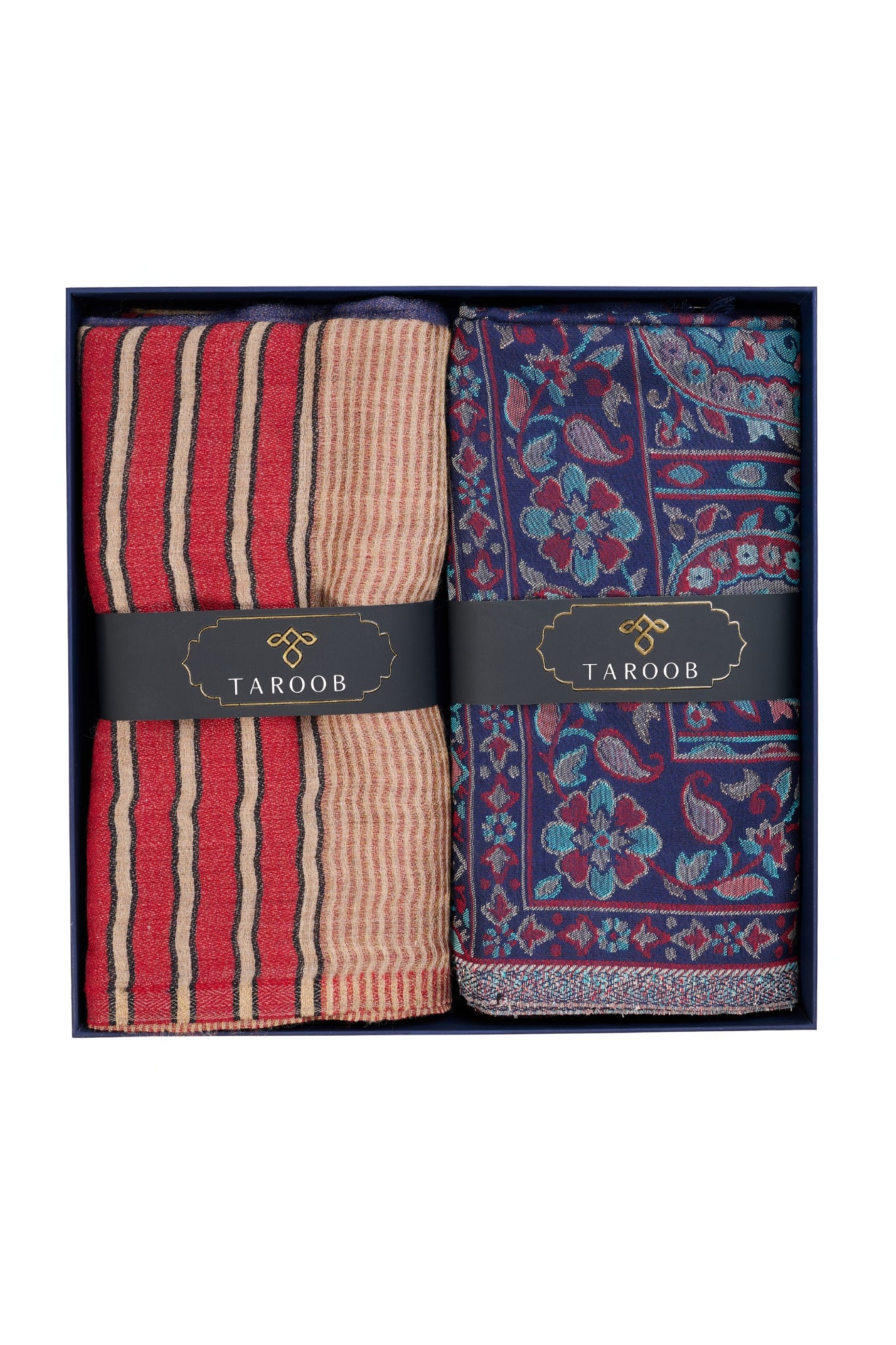 Taroob Gift Set of Super Soft Silk Kaani Stole for Him & Wool Zari Stole for Her