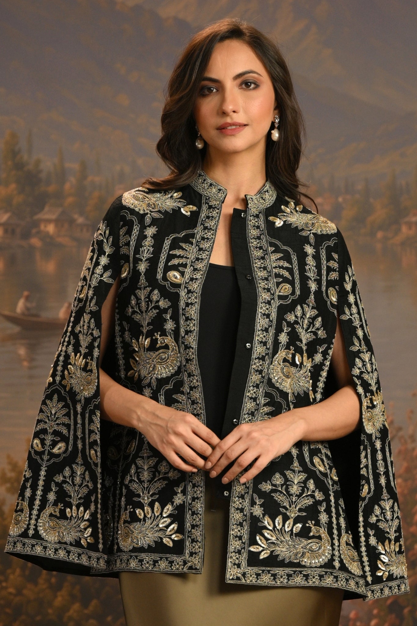 Black Embroidered Peacock Trellis Cape Taroob