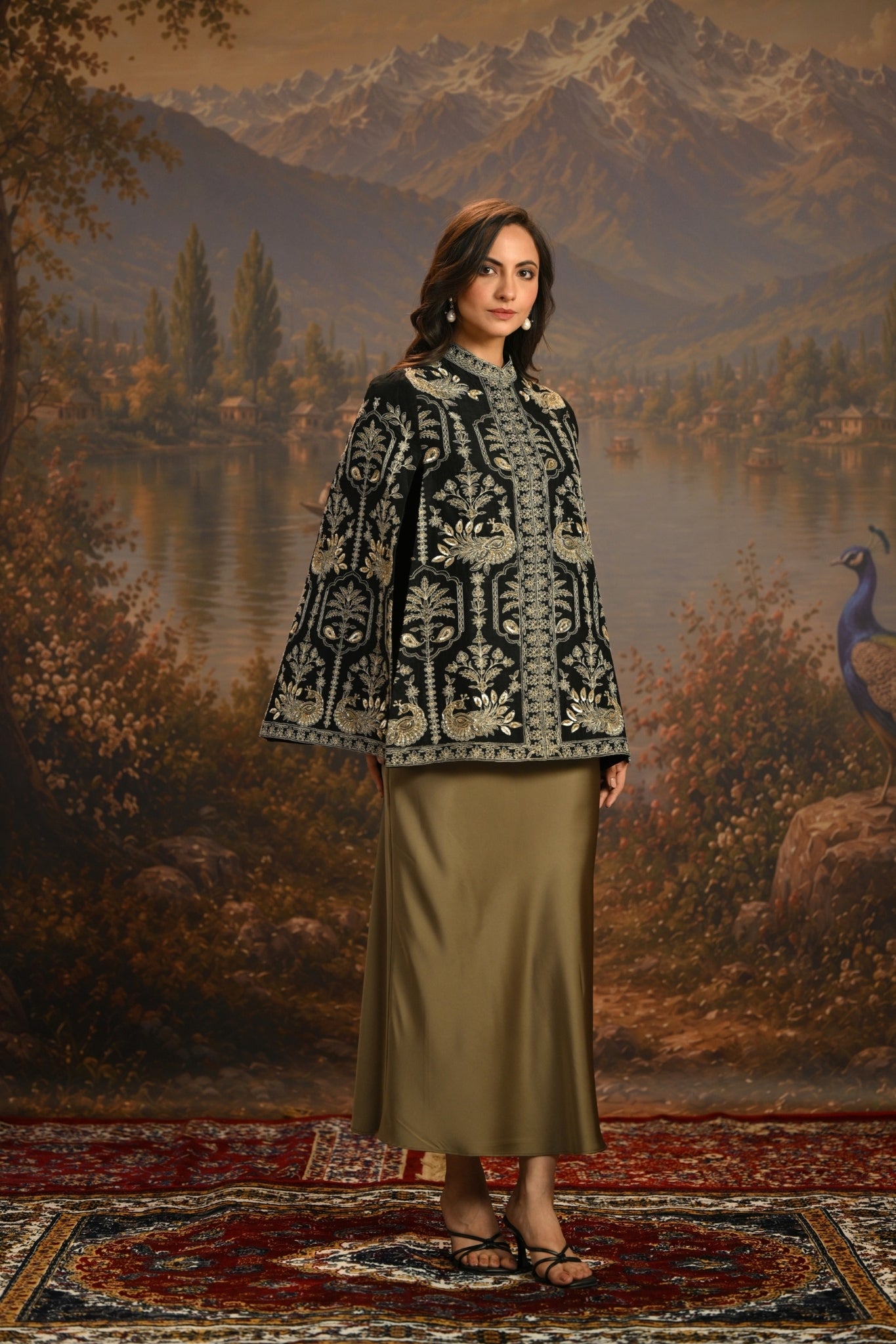 Black Embroidered Peacock Trellis Cape Taroob