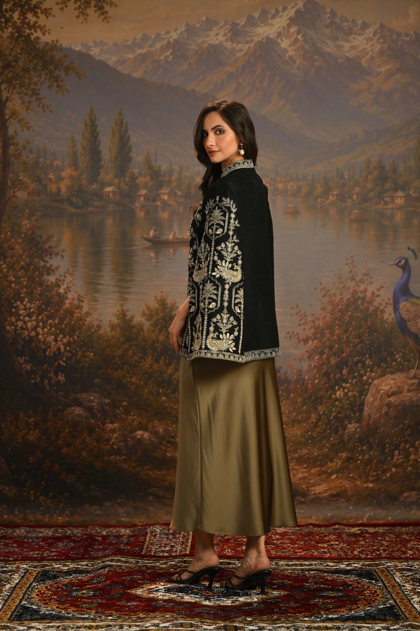 Black Embroidered Peacock Trellis Cape Taroob