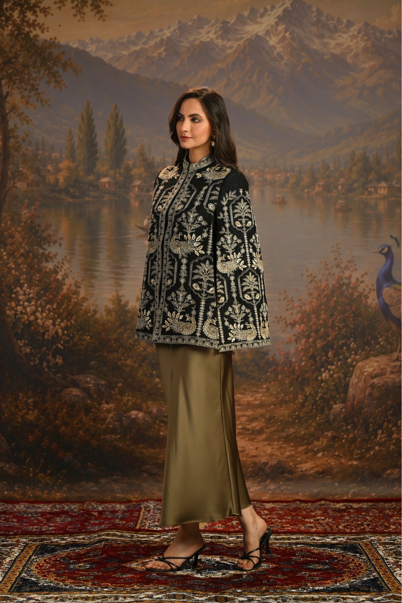 Black Embroidered Peacock Trellis Cape Taroob