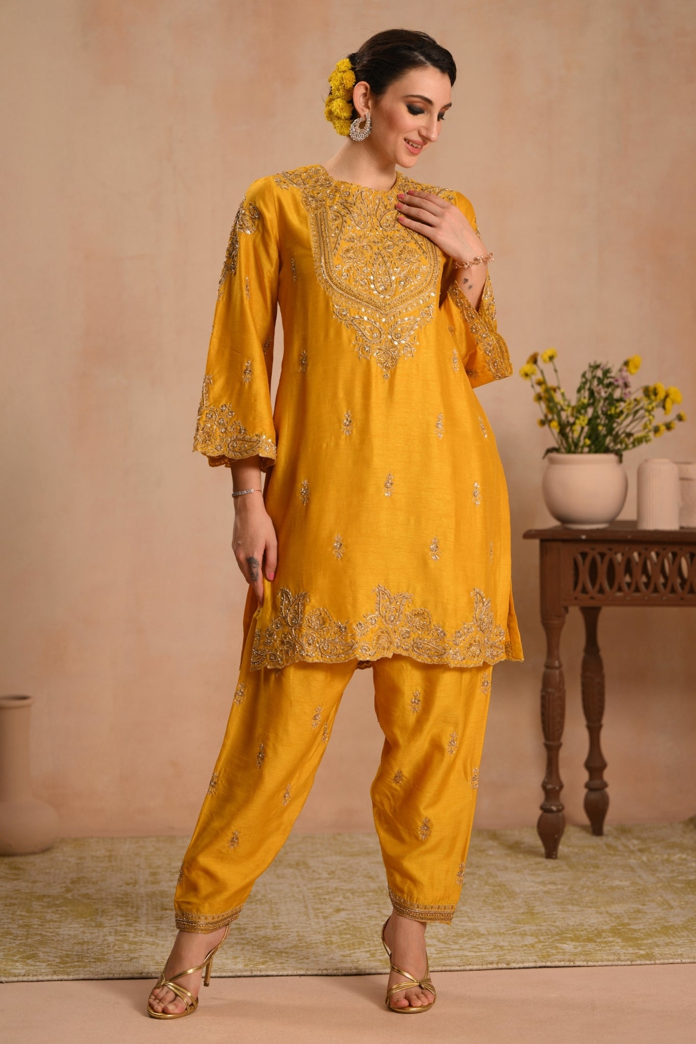 Women's Mustard Zarqash Hand Embroidered Kurta Set Taroob