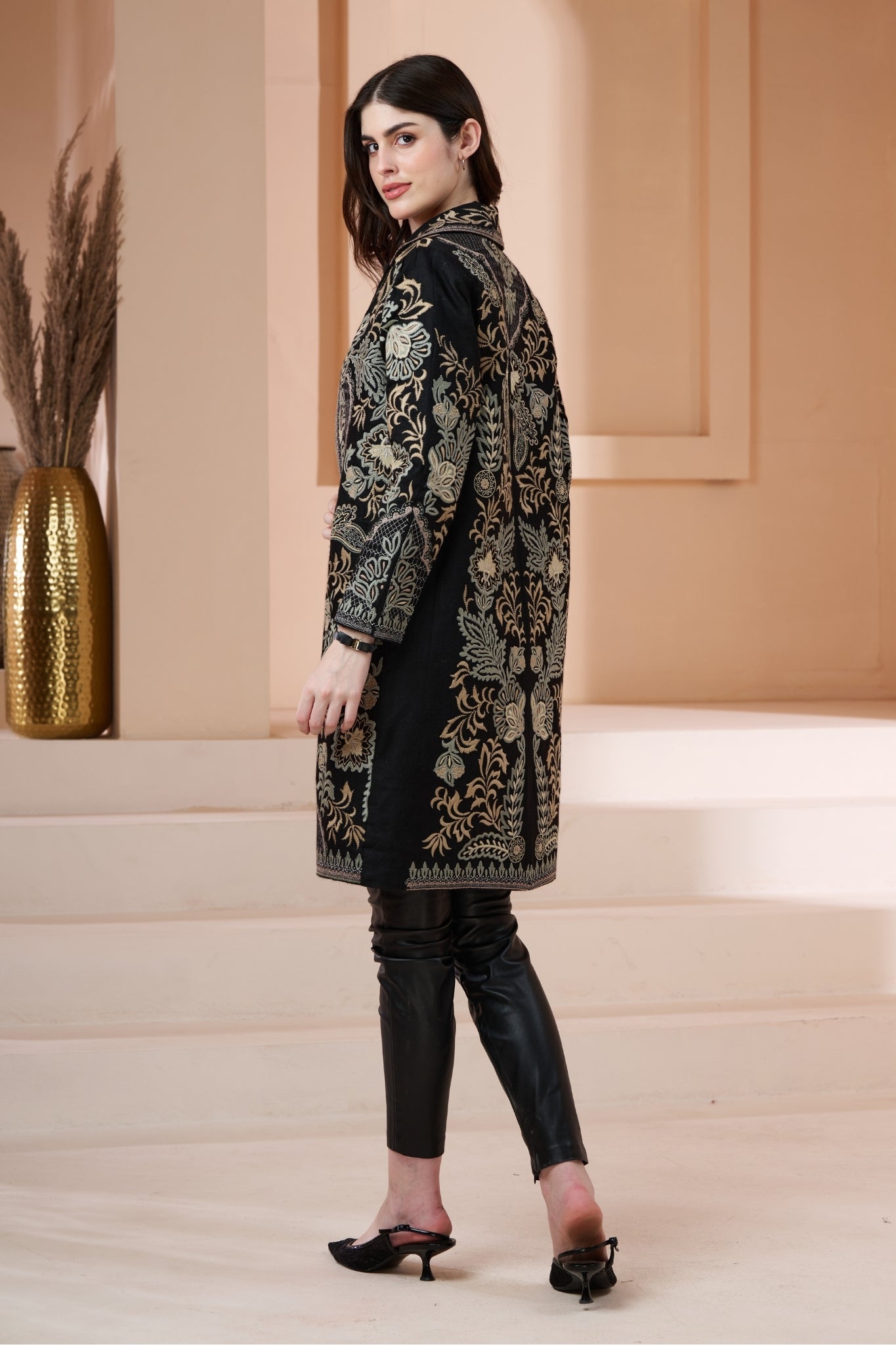 Embroidered Royal Wool Long Coat – Women's – View 8 | Taroob