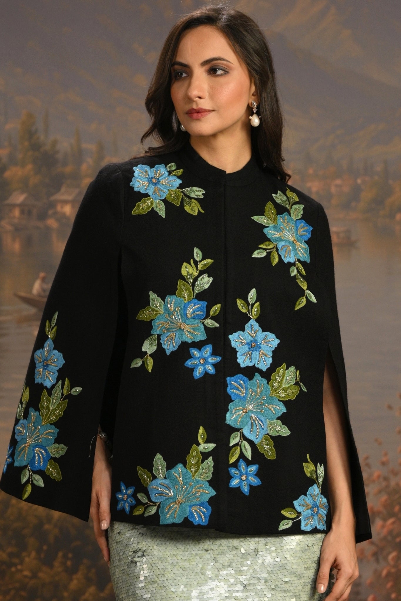 Blue Embroidered Garden Party Cape Taroob