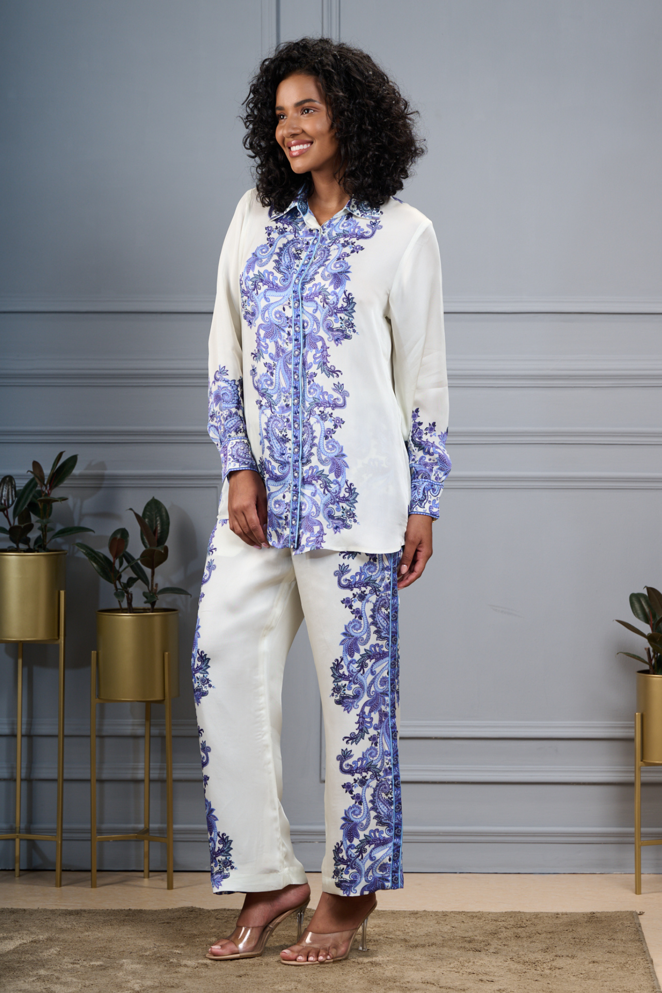 Silk Satin Floral Co-ord Set with Embroidered Highlights – Women's Coords & Shirts – View 5 | Taroob