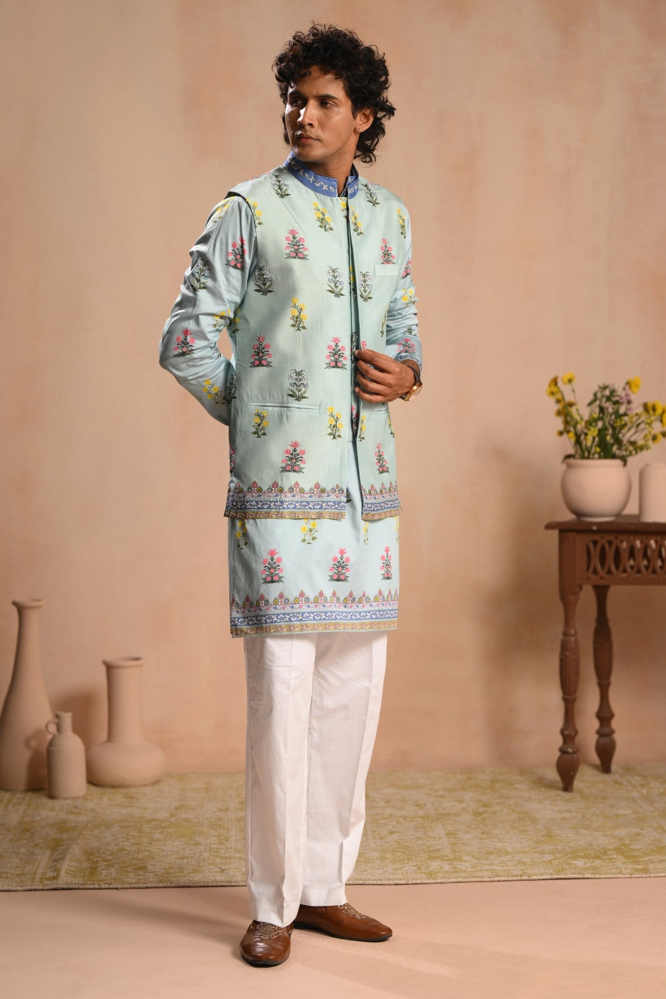 Men's Sky Blue Bagh-e-Noor Embroidered Nehru Jacket Taroob
