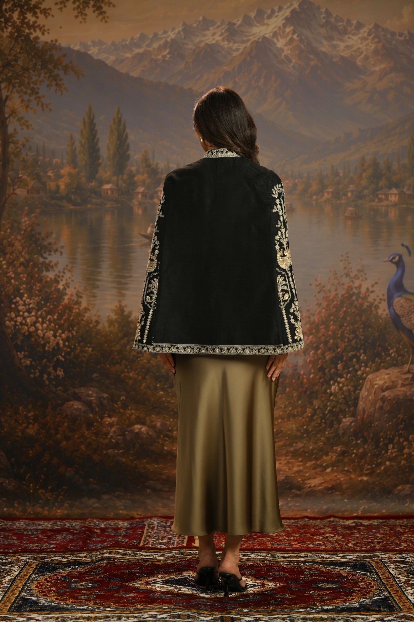 Black Embroidered Peacock Trellis Cape Taroob