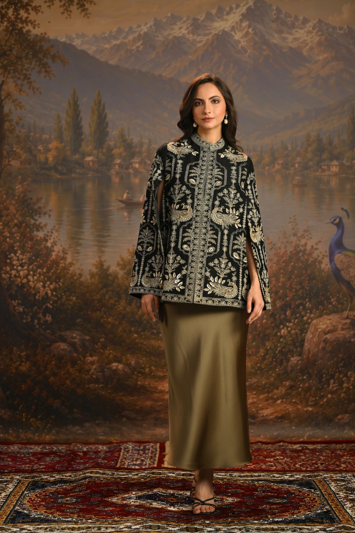 Black Embroidered Peacock Trellis Cape Taroob