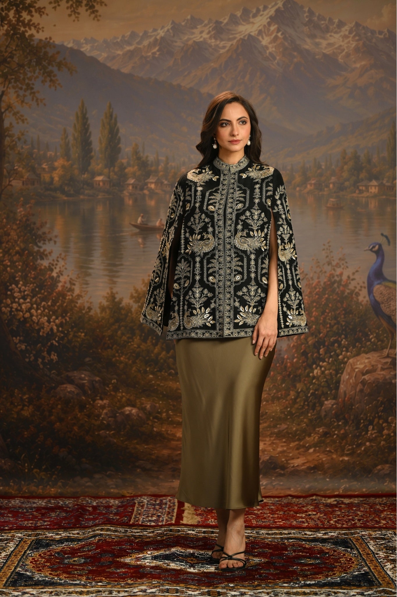Black Embroidered Peacock Trellis Cape Taroob