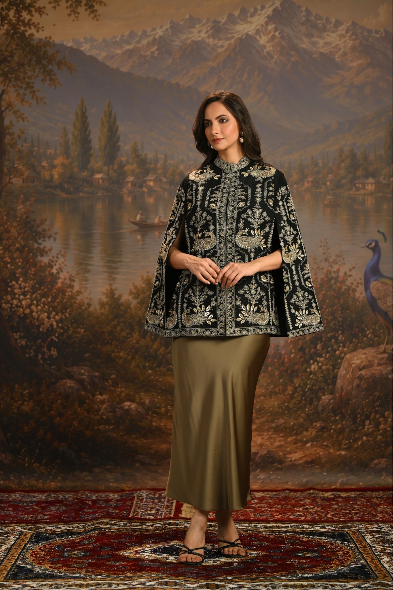 Black Embroidered Peacock Trellis Cape Taroob