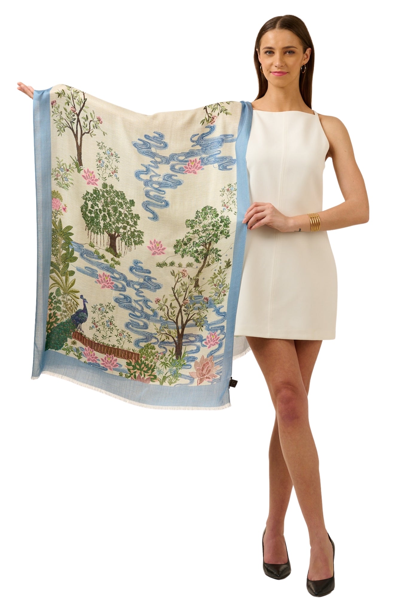 Women's Ivory Soft Modal Peacok Printed Stole Taroob - front