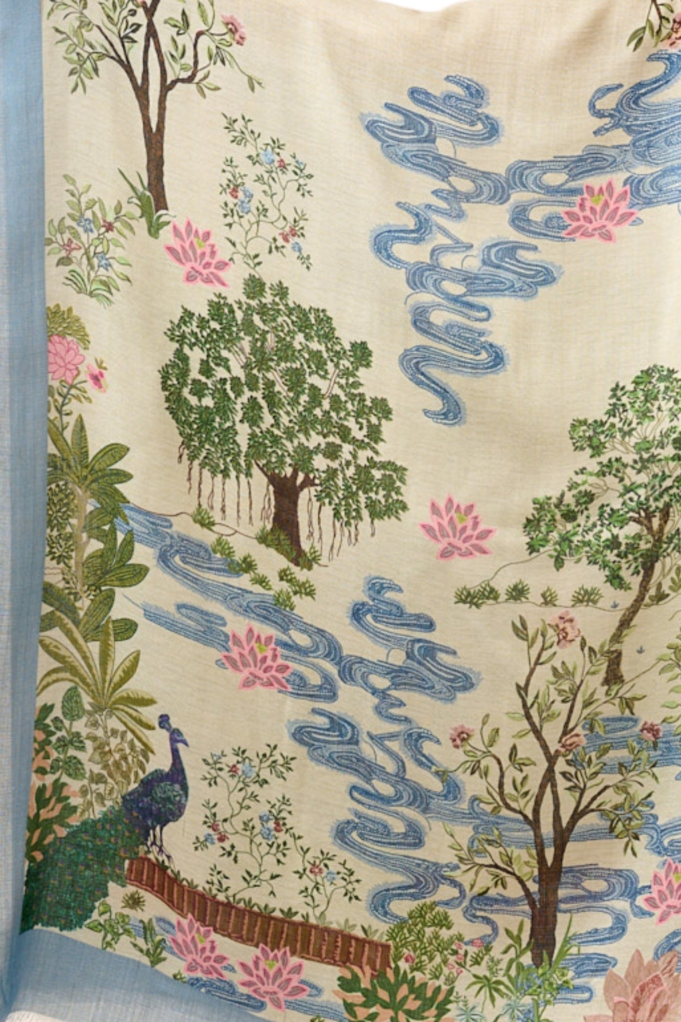 Women's Ivory Soft Modal Peacok Printed Stole Taroob - fabric detail