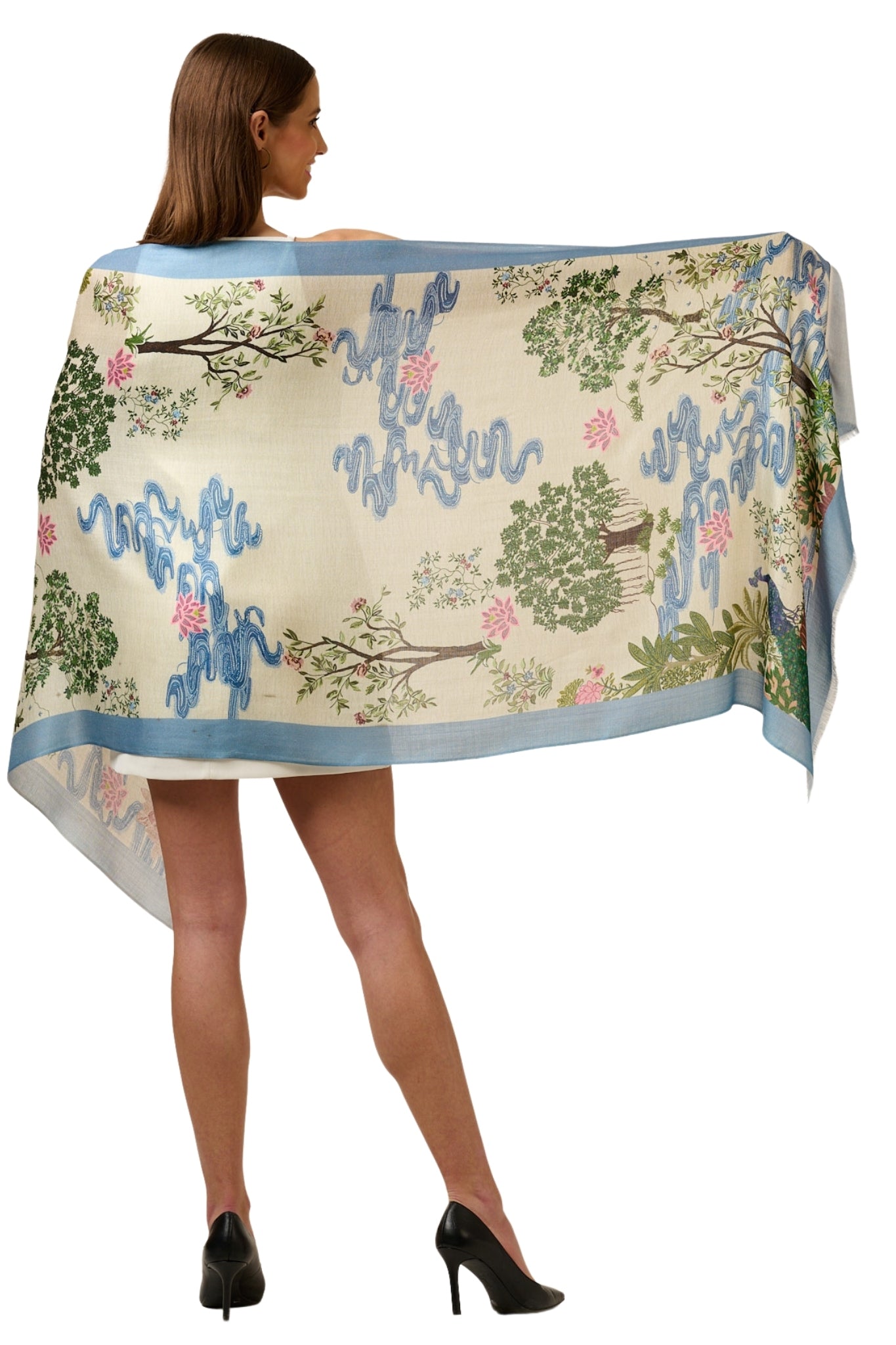 Women's Ivory Soft Modal Peacok Printed Stole Taroob - back