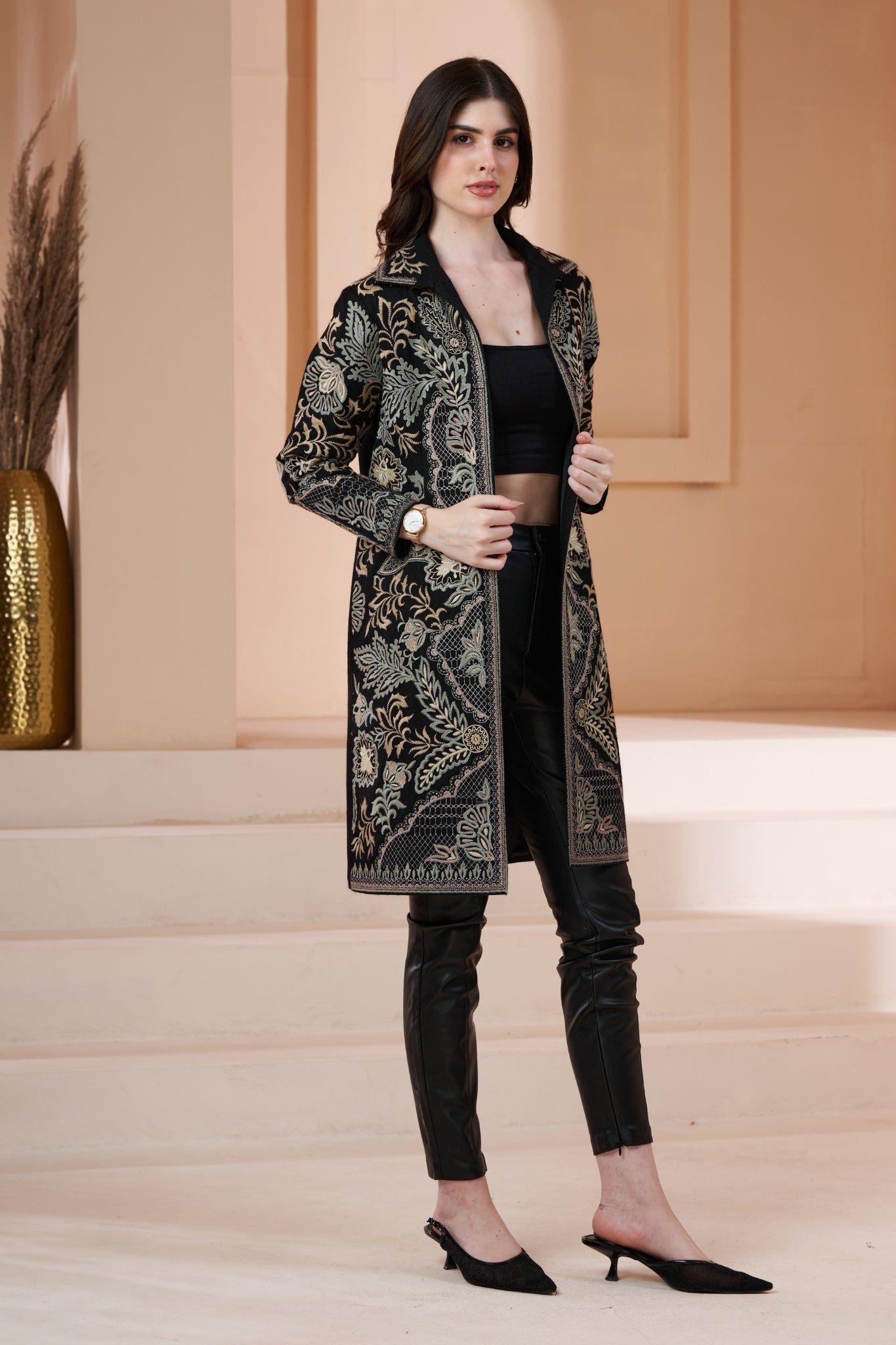 Embroidered Royal Wool Long Coat – Women's – Styling view | Taroob