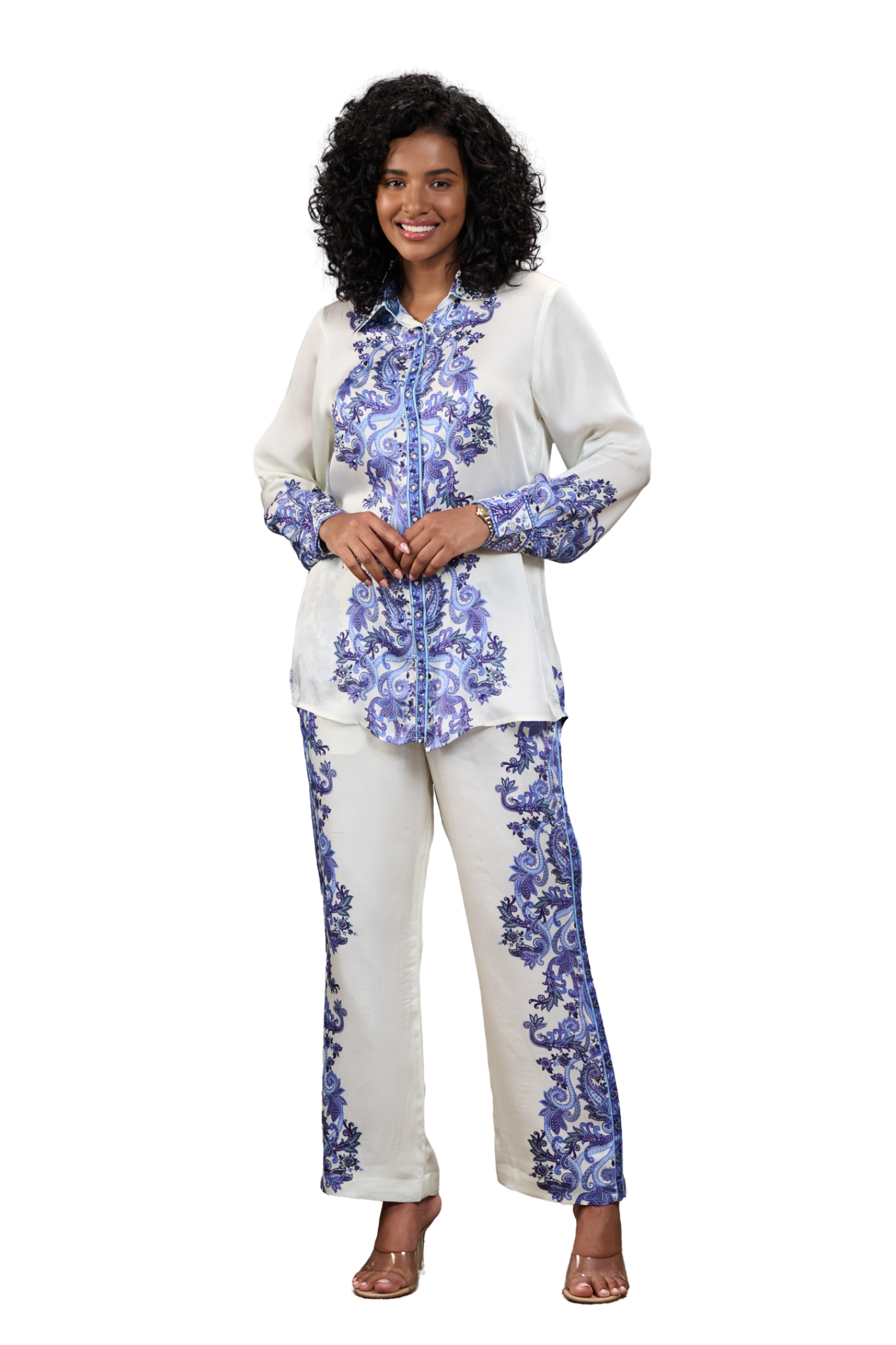 Silk Satin Floral Co-ord Set with Embroidered Highlights – Women's Coords & Shirts | Taroob