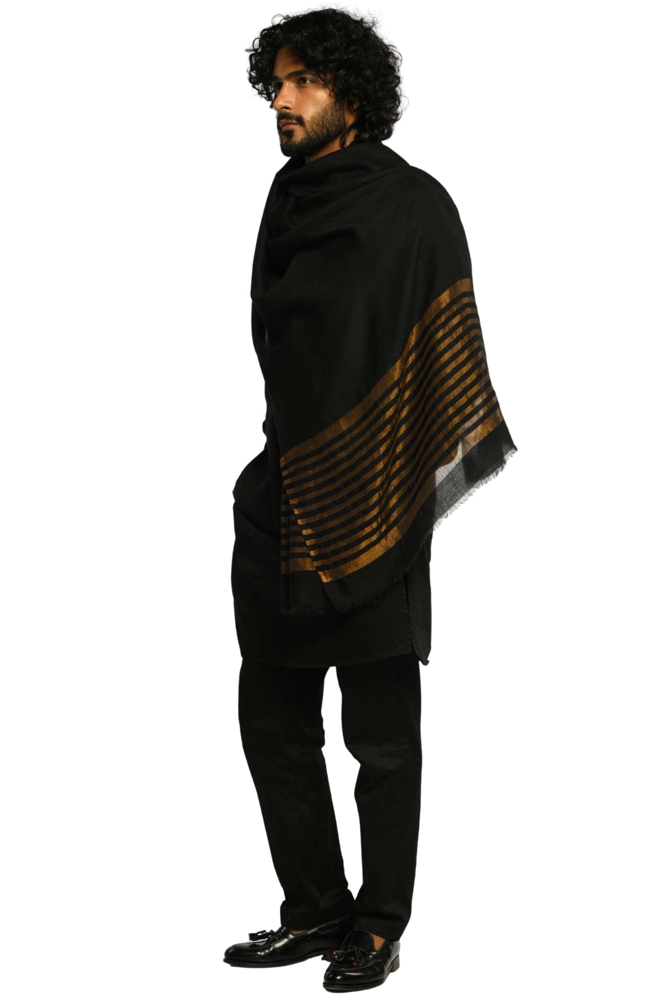 Men's Black Zari Stripe Wool Scarf Taroob