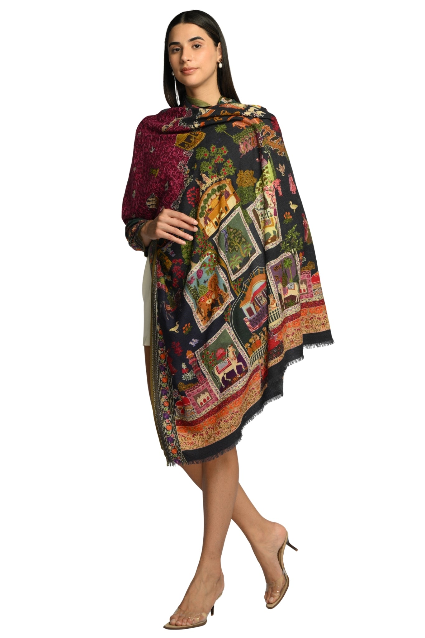 Taroob Jashn-e-Mahal Embroidered Wool Kalamkari Shawl