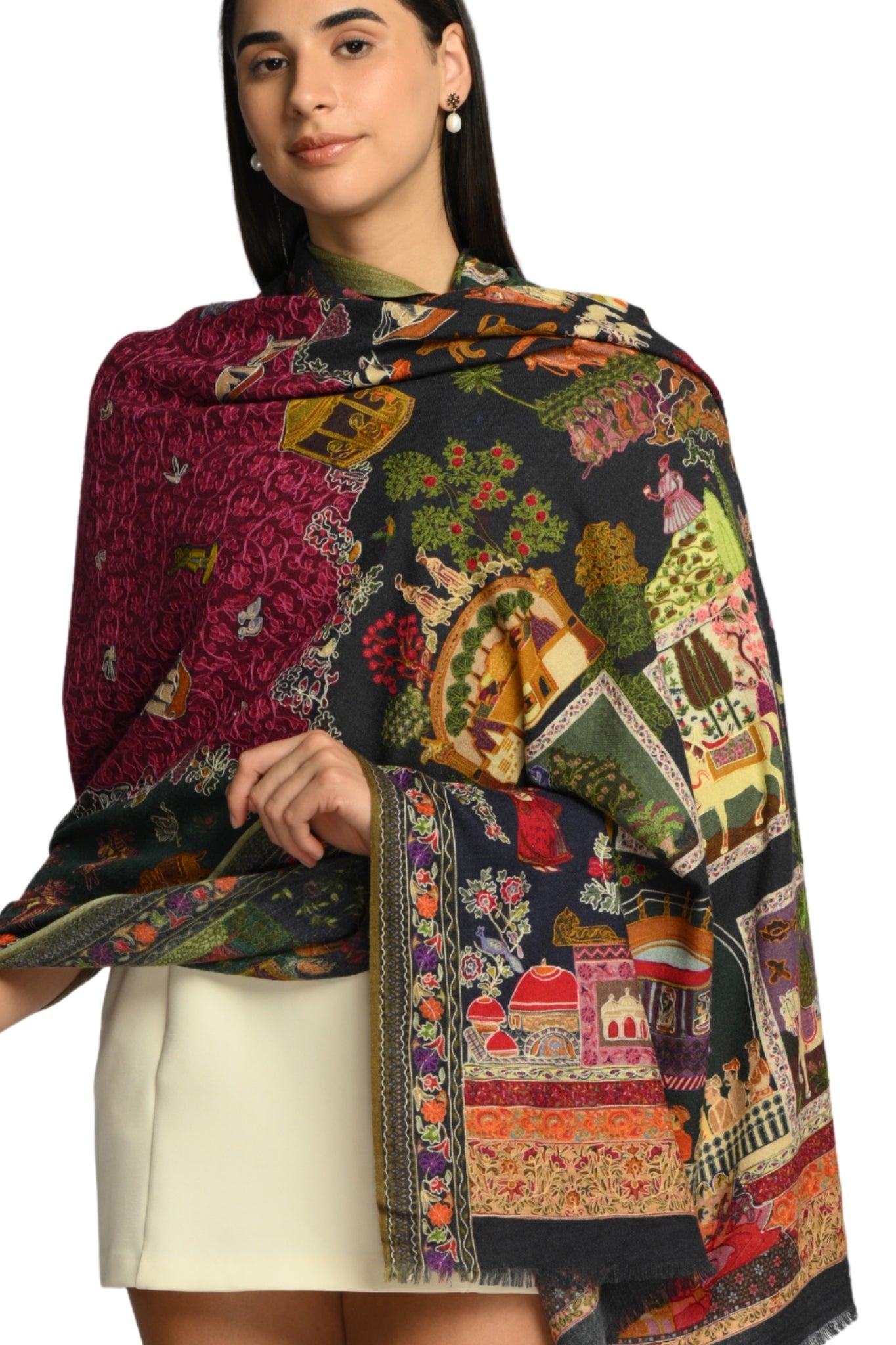 Taroob Jashn-e-Mahal Embroidered Wool Kalamkari Shawl