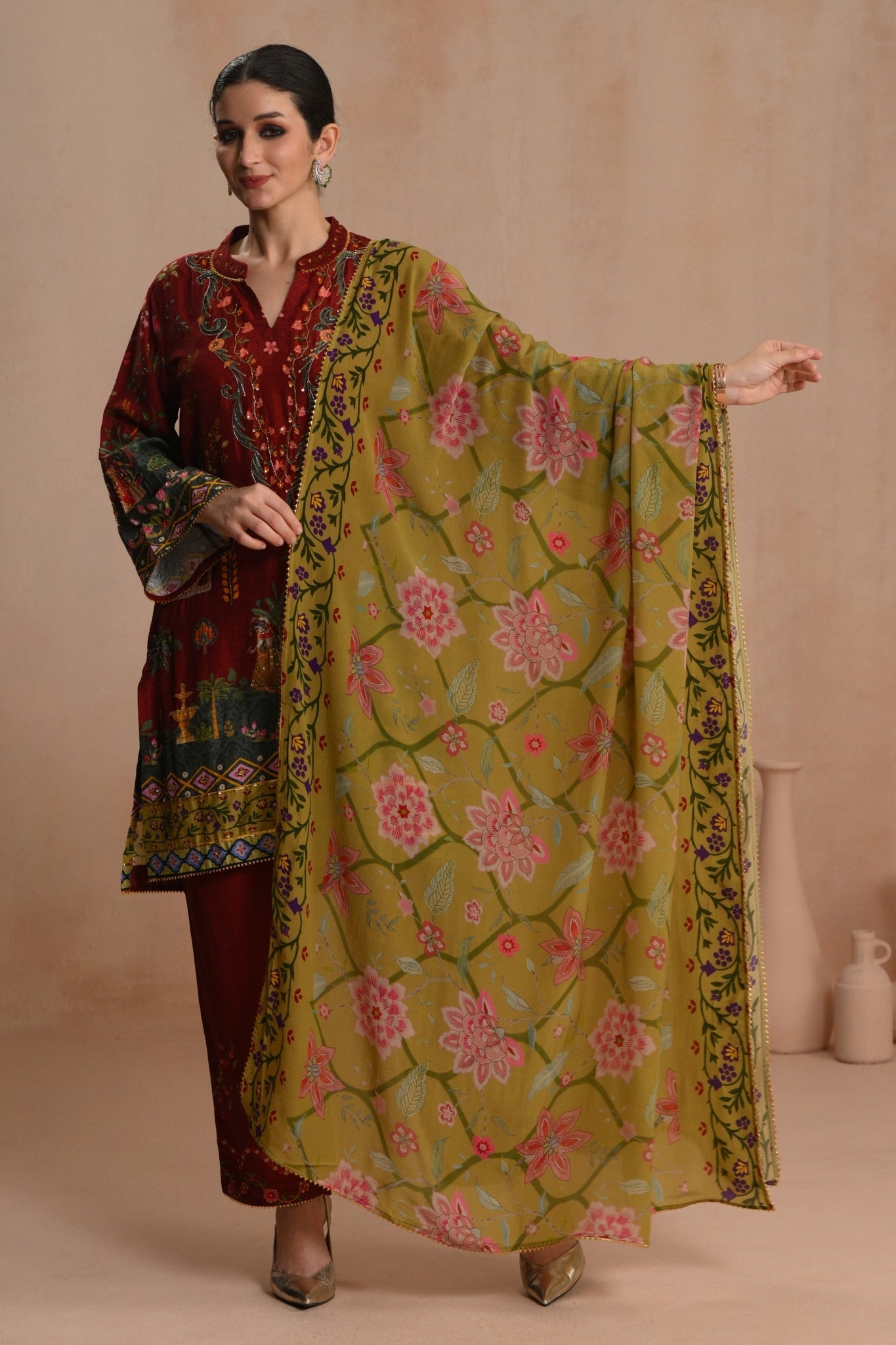 Women's Deep Red Shabnam Kurta Set Taroob