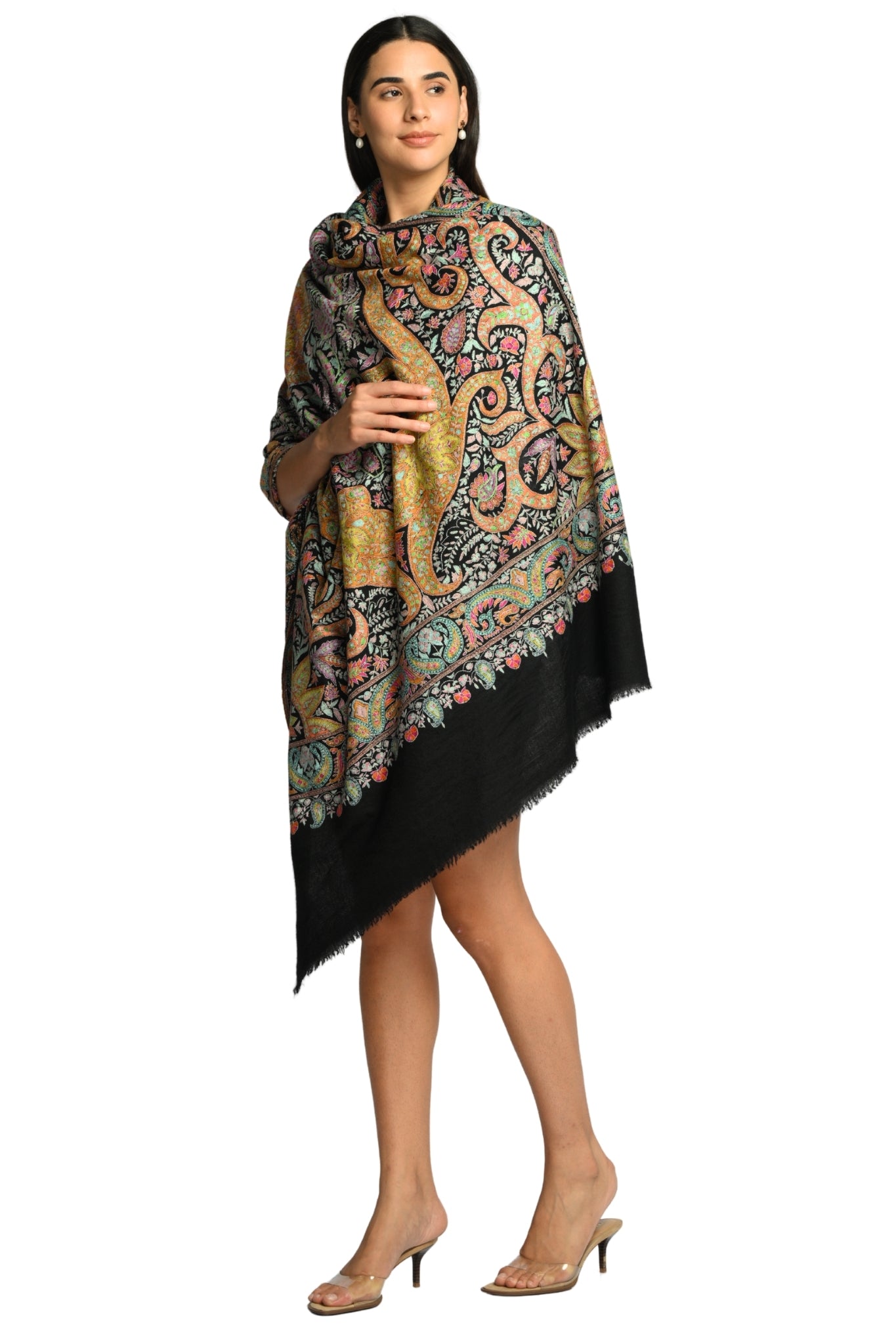 Black Hand Embroidered Pure Pashmina Sozni Shawl Taroob