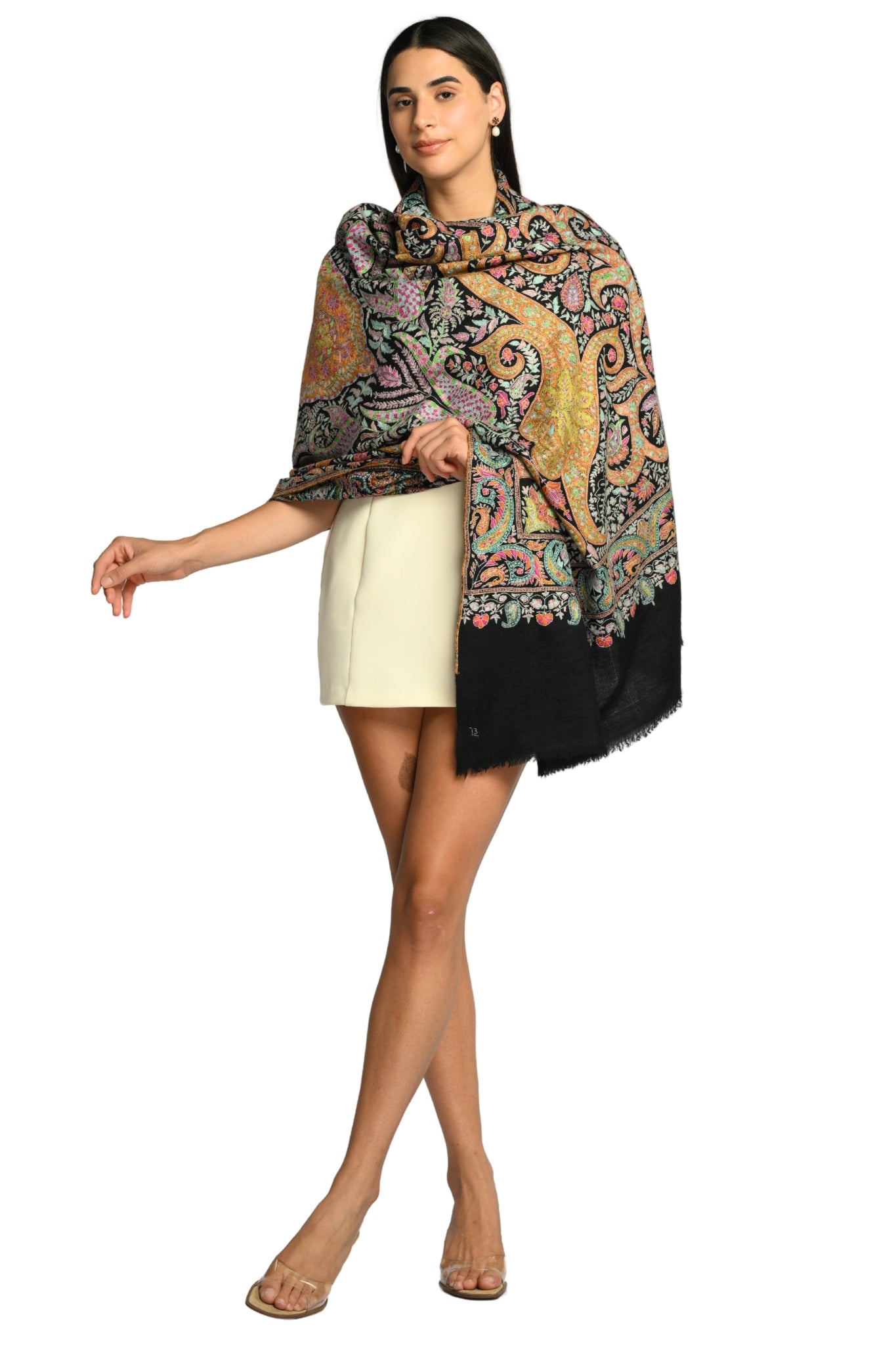 Black Hand Embroidered Pure Pashmina Sozni Shawl Taroob