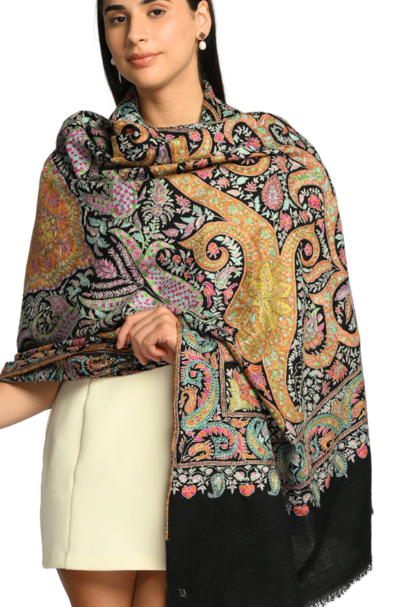 Black Hand Embroidered Pure Pashmina Sozni Shawl Taroob