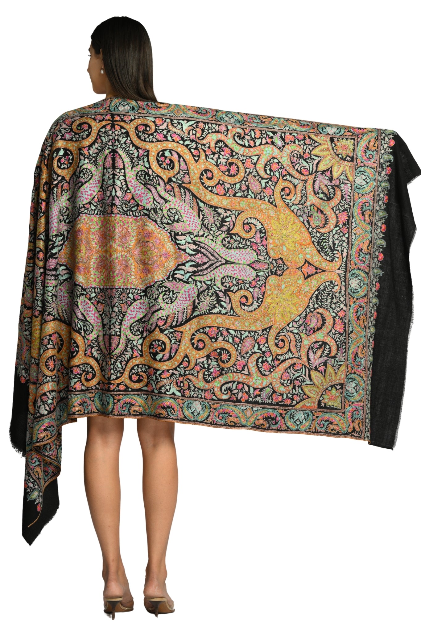 Black Hand Embroidered Pure Pashmina Sozni Shawl Taroob