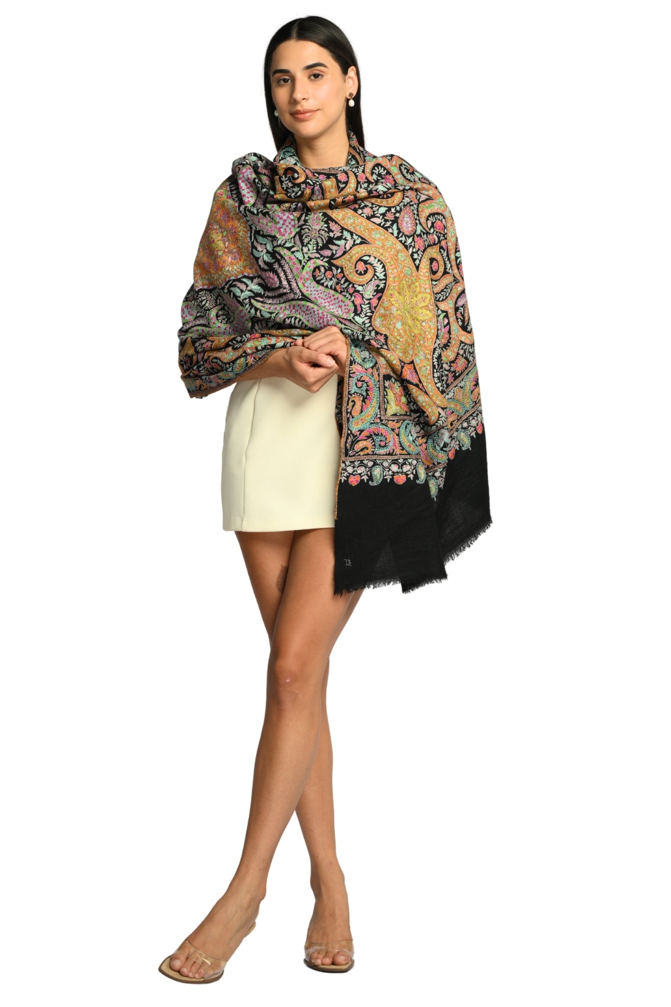 Black Hand Embroidered Pure Pashmina Sozni Shawl Taroob